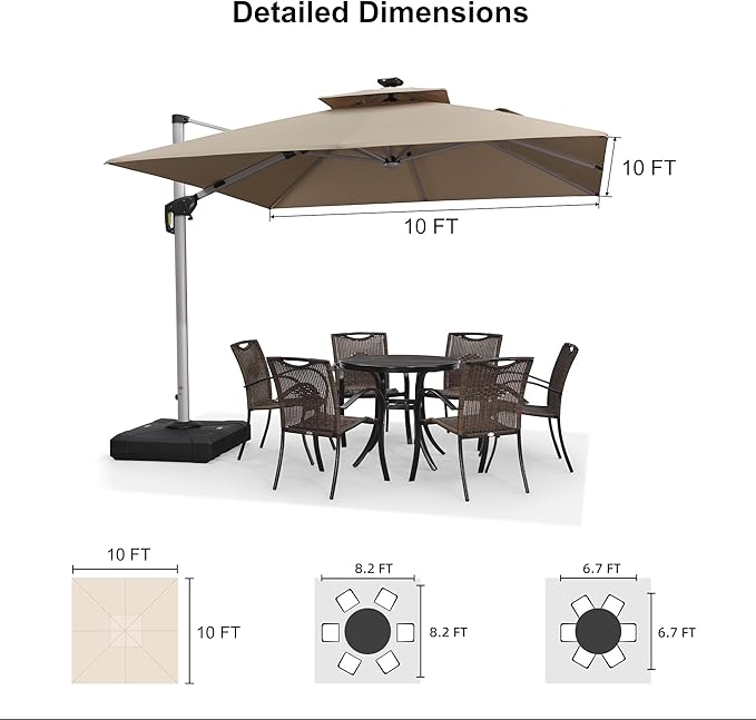 PURPLE LEAF 10 Feet Solar Powered LED Square Cantilever Umbrella With Base Patio Umbrellas Windproof Hanging Umbrella Outdoor Umbrellas Offset Umbrellas, Beige