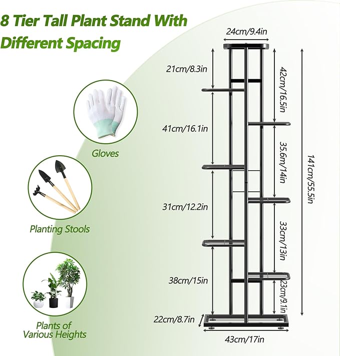 Corner Plant Stand Indoor 8 Tier 9 Potted with Gardening Tools and Gloves, Upgraded Tall Metal Plant Shelf Organizer Outdoor, Multiple Flower Holder Display Rack for Patio, Garden, Balcony, Living