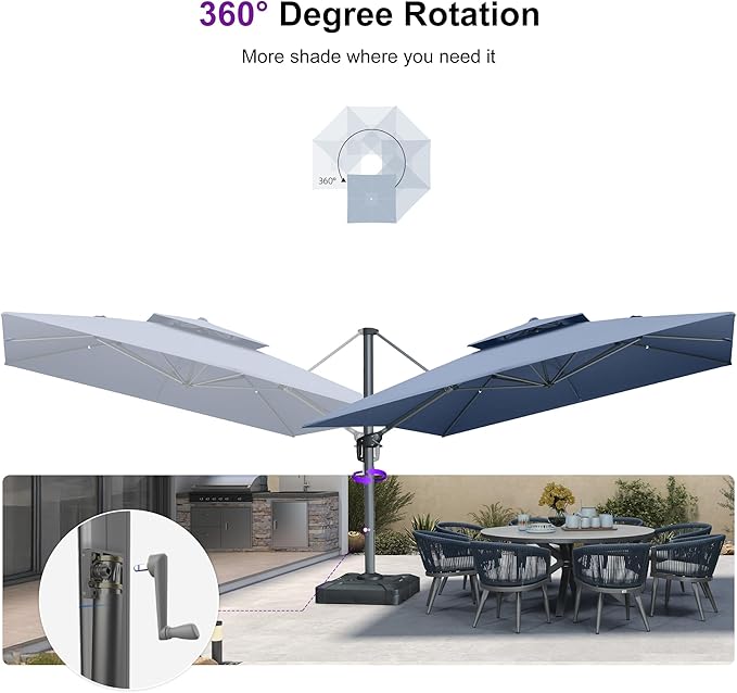 PURPLE LEAF Cantilever Umbrella with Base Included 12FT Outdoor Square Double Top Large Offset Hanging 360° Rotation Heavy Duty Umbrella for Garden Patio Deck Pool Spectrum Denim