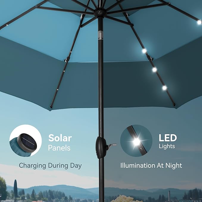 PHI VILLA 10ft Patio Umbrella with Solar Lights, Outdoor 3 Tier Vented Large Market Table Umbrella for Lawn Poolside Garden Terrace, Peacock Blue & Cerulean (No Base)