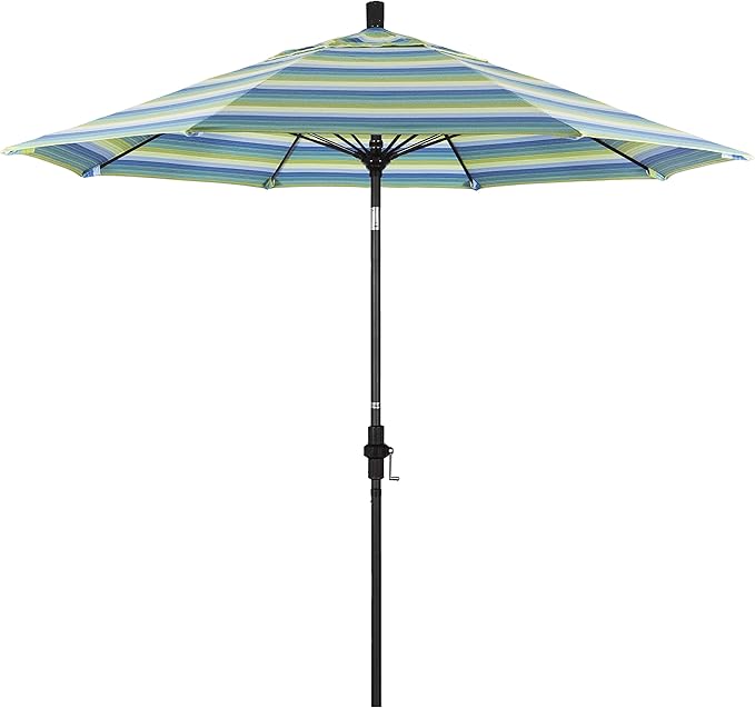 California Umbrella 9' Round Aluminum Pole Fiberglass Rib Market Umbrella, Crank Lift, Collar Tilt, Black Pole, Sunbrella Spectrum Mist