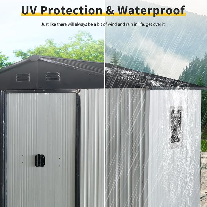 8x4 ft Outdoor Metal Storage Shed with Floor Foundation and Window, Lockable Galvanized Steel Tool Shed with Sliding Door and Air Vent, Waterproof Garden Storage House for Backyard, Patio