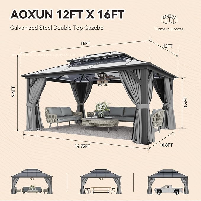 Aoxun 12'x16' Hardtop Gazebo, Aluminum Frame Permanent Pavilion with Curtains and Netting, Outdoor Polycarbonate Double Roof Canopy, Designed for Garden, Lawns (Gray)
