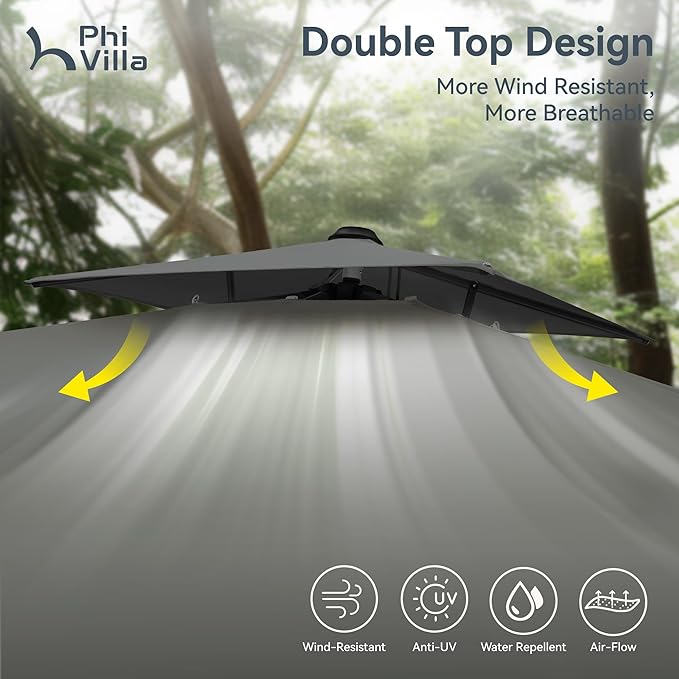 PHI VILLA 9'x 12' Large Patio Umbrella, Outdoor Aluminum Cantilever Umbrella with Double Top Rectanglar Canopy, Windproof Hydraulic Offset Umbrella for Pool, Deck, Garden, Beach, Porch, Grey
