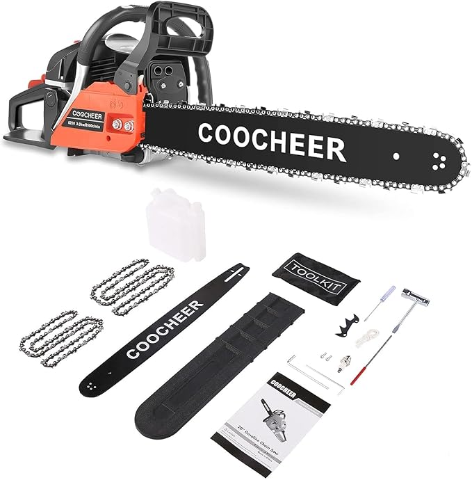 COOCHEER 62CC Gas Chainsaw 20 Inch, Top Handle 3.5 HP 2-Stroke Chain Saw Gas power with Carrying Bag & 2 Chains for Trees Wood Cutting and Tree Trimming