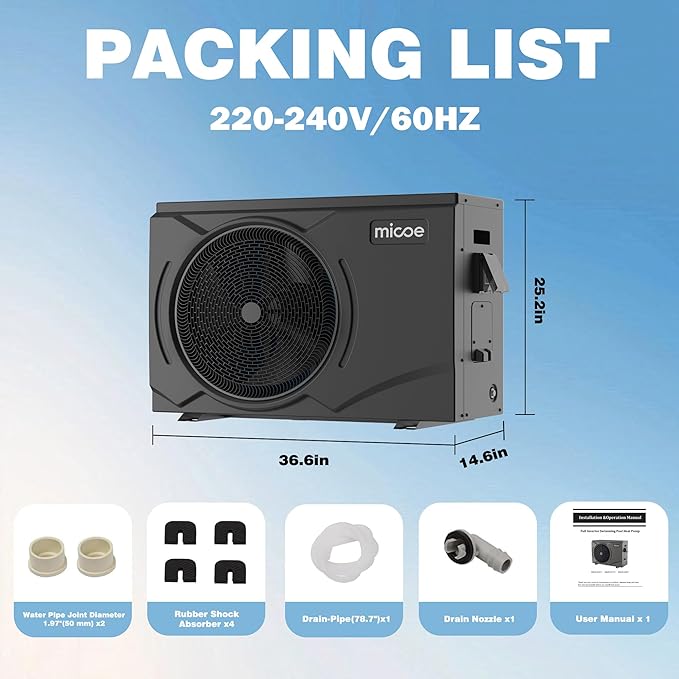 MICOE 58000 BTU Inverter Swimming Pool Heat Pump Up to 30ft (8/18/30ft) &16500 Gallons Electric Pool Heater for Above Ground or Inground Pool, Heating and Cooling Pool Heater