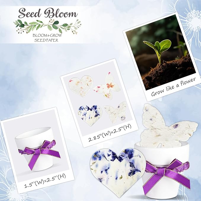 Set of 6 Seed Paper – 6 Purple Hearts & 6 White Pots with Bow for Weddings & Life Events