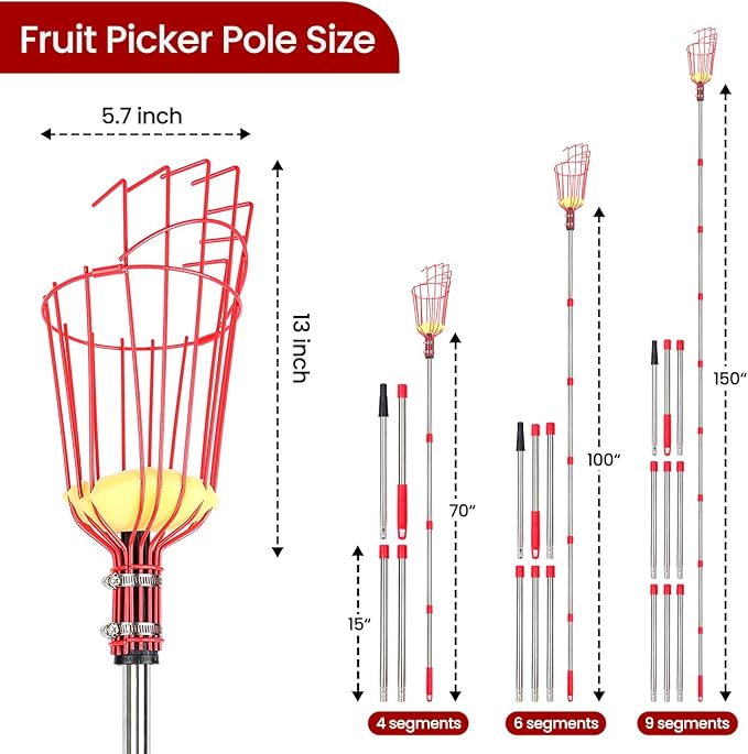 Fruit Picker Pole with Basket Segmented Fruit Picker Pole Tool for Apple Avocado Cherry Lemon Mango Orange Peach Picking(40-160") 5.5FT