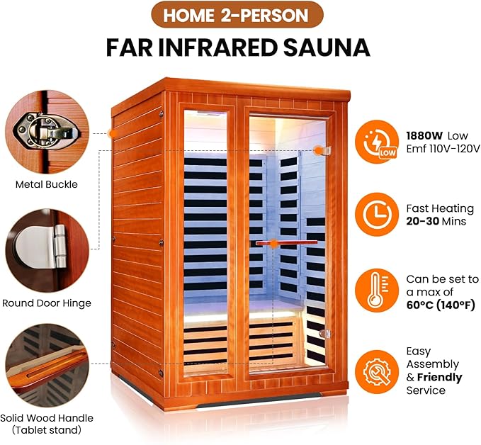 Sauna Infrared Sauna 2 Person Sauna Room Far Infrared for Sauna Home Indoor 1880W/110V Low-EMF Wood Okoume Dry Sauna Two Person Sauna with Air Hole, 7 Color Therapy, Speaker - 47.2 * 41.3 * 74.8 in