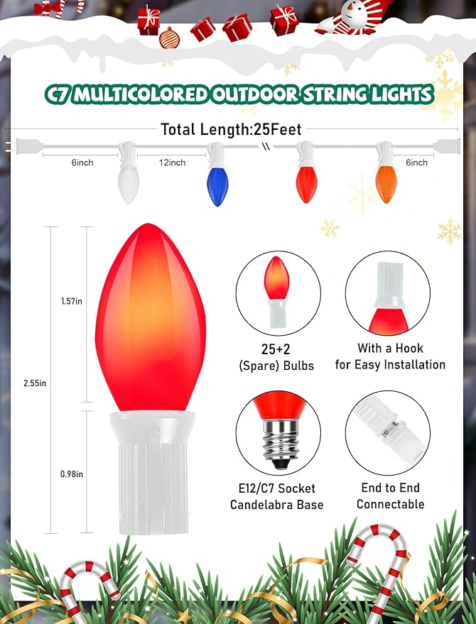 C7 Christmas Lights Outdoor, 25Ft Vintage Christmas String Lights with 27 Multicolor Ceramic Bulbs, Hanging Christmas Decorations Lights for Roofline House Garden Patio Backyard Party-White