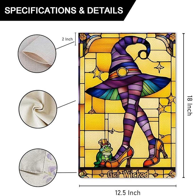 Get Wicked Garden Flag Witch Hat Holiday Garden Flag The Frog Prince Stained Glass Style Vertical Double Sided Rustic Farmland Burlap Yard Lawn Outdoor Decor 12.5x18"