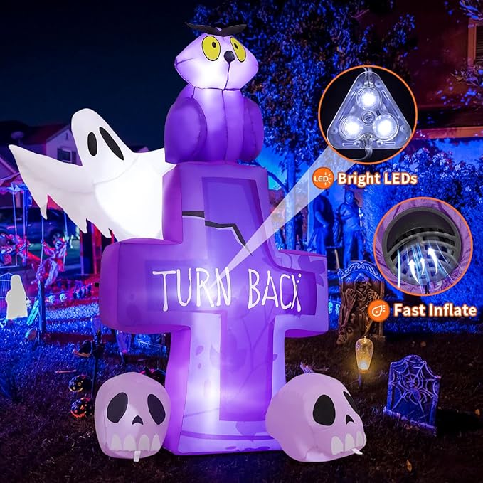 GOOSH 6FT Halloween Inflatables Outdoor Decoration - Halloween Blow Up Decorations Outside Inflatable Owl on Tombstone Ghost Skull with LED Lights for Decor Party Garden Lawn