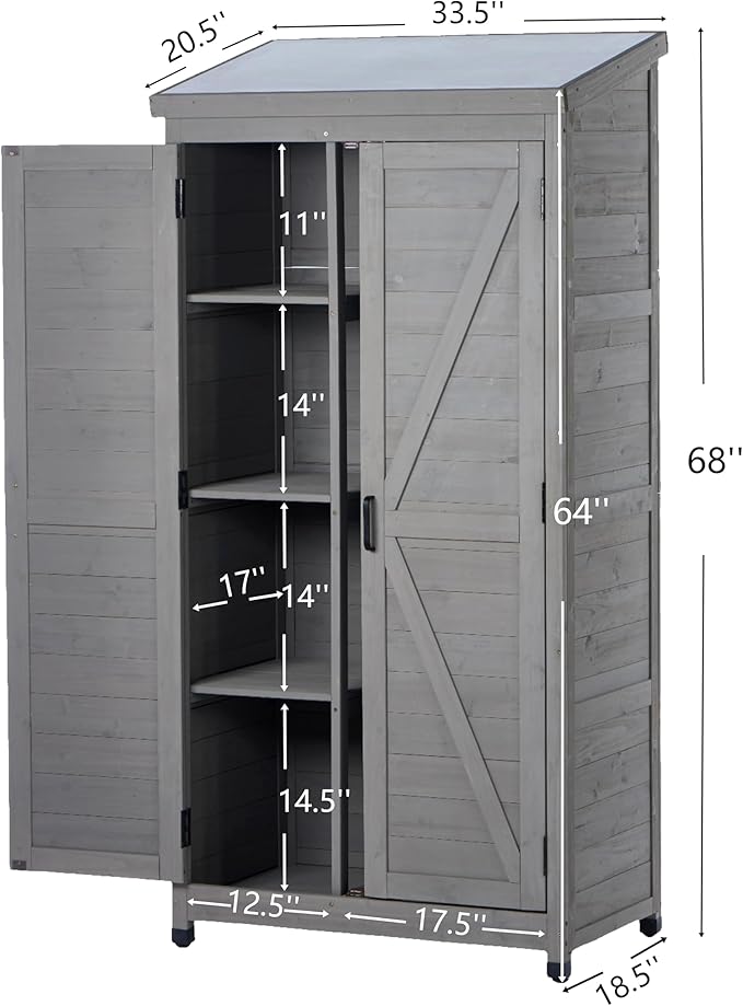 Stylish Grey & Solid Wood Outdoor Storage Shed – Durable Metal Top Vertical Tool Cabinet Ideal for Backyard, Garden, and Patio Organization
