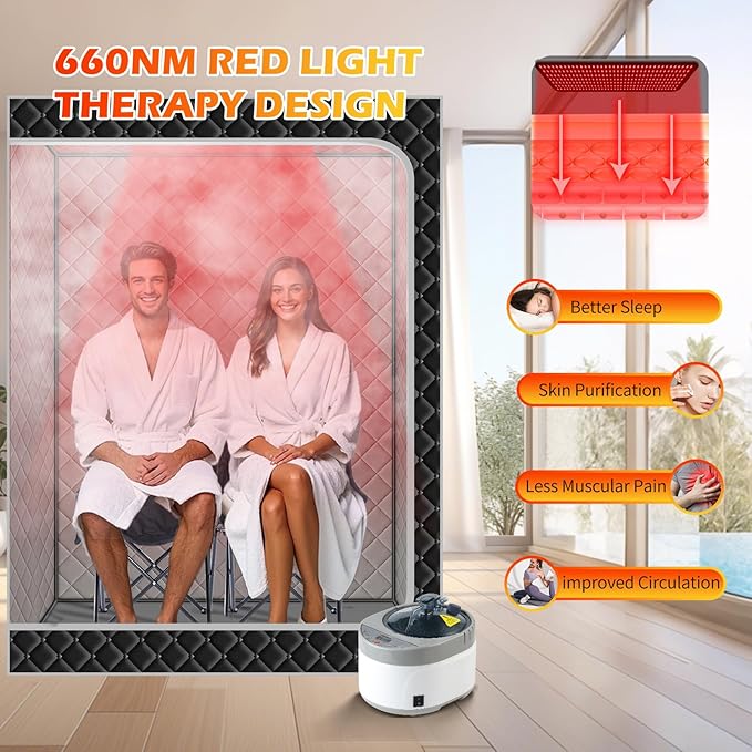Smartmak 2 Person Portable Steam Infrared Sauna Box with 660nm Red Light Therapy Lamp for Home Relaxation, 4 L 1500W Steamer Extra Large Full Body Saunas Spa Tent, Remote Control, 2 Folding Chairs