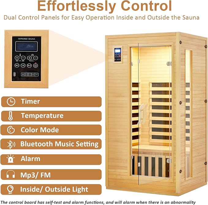 Garvee 2025 Upgrade 1 to 2 Person Sauna, 6 Heating Plate Infrared Physical Therapy Wooden Dry Steam Sauna, Low EMF, MP3 Auxiliary Connection, Dual Controls Inside and Outside Fits, Home Spa Day Use