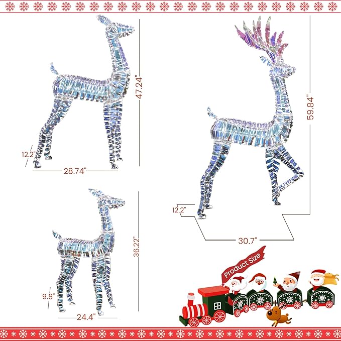 Lamerge Lighted Reindeer Family Set of 3, Christmas Decorative Deer with Red Bow and Ground Stake, Indoor or Outdoor Christmas Holiday Decoration for Yards Lawn Patio -Rainbow Color