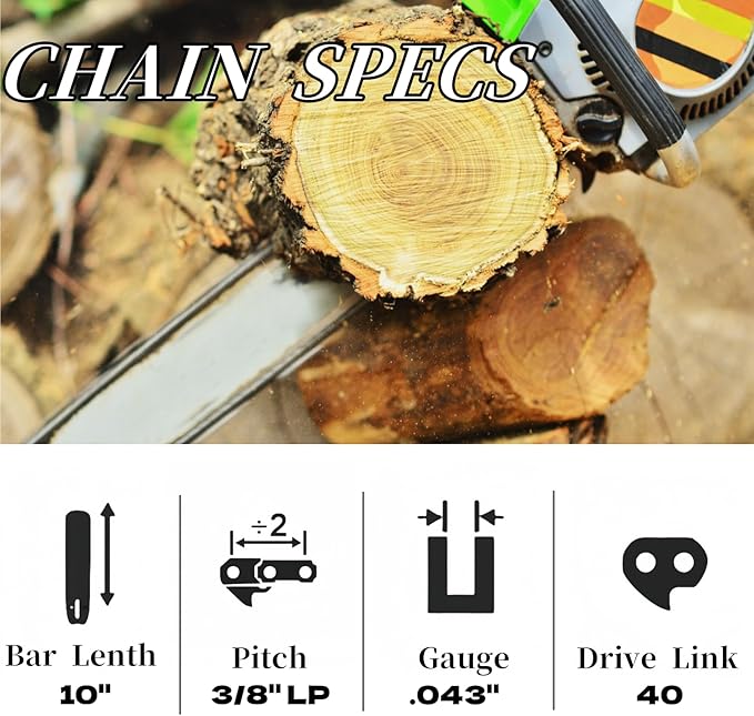 2PC 10 Inch Chainsaw Chains for Worx WG322 WG322.9 WG323 WG323.9 Chainsaw, Replacement for EGO PSA1000 PSA1020 MPS1000 MPS1001 PPSX2504 10-Inch 56V Polesaw - 3/8"LP .043" 40DL