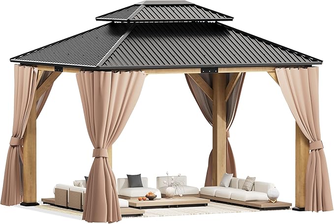 13'x 15' Outdoor Wooden Gazebo, Patio Hardtop Gazebos with Double Roof, Double Galvanized Steel Hardtop Roof Wood Frame with Netting and Curtains (13'x 15')