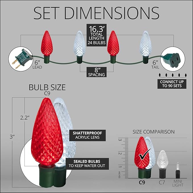 Wintergreen Lighting 24 C9 Red and White LED Christmas Lights, 16.3 ft – Candy Cane Indoor/Outdoor C9 String Lights