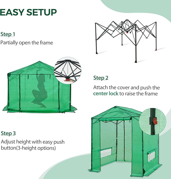 6x6 Pop Up Walk-in Greenhouse, Indoor & Outdoor PE Cover Green House w/ Power Access Ports, Roll-up Zippered Doors and Windows, Green