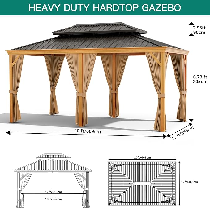 20'x12' Hardtop Gazebo, Heavy Duty Aluminum Permanent Hardtop Gazebo Outdoor Pavilion with Curtains and Netting for Garden (Gray, 20'x12')