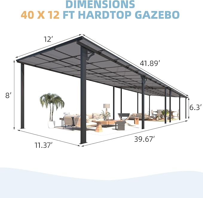 AECOJOY 40' x 12' Gazebo for Patio, Large Wall-Mounted Hard Top Lean-to Gazebo Pergola with Roof 12' x 40' on Clearance, Heavy Duty Patio Awnings for Decks, Backyard