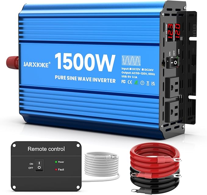 1500 Watt Pure Sine Wave Power Inverter, 12 Vdc to 110 Vdc to 120 Vdc, for Home, RV and Off-Grid Solar Systems, with 2 AC Outlets and USB Port, LCD Display, with Remote Control