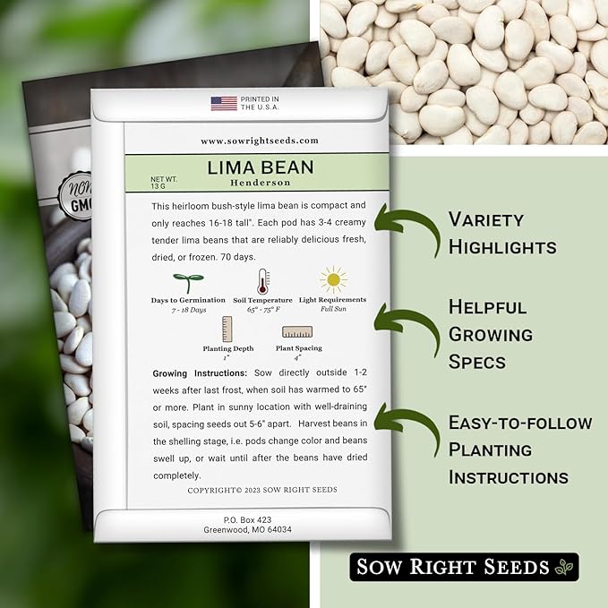 Sow Right Seeds - Bush Henderson Lima Bean Seeds for Planting - Non-GMO Heirloom Packet, Instructions to Plant an Outdoor Home Vegetable Garden - White Lima Variety - Great for Canning or Freezing (2)