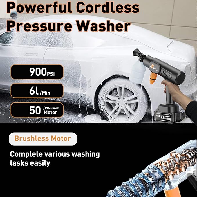 Cordless Pressure Washer, 900PSI Portable Power Washer, hidrolavadora portatil, 3.0Ah Battery Powered Pressure Washer with 6-in-1 Nozzle, Handheld Pressure Car Washer for Car/Yard/Garden