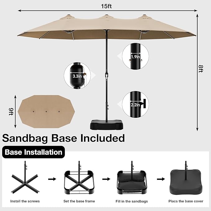 Joyside 15FT Large Patio Umbrella with Base Included, Outdoor Double Sided Umbrella, Rectangle Umbrella with Crank Handle, 12 Sturdy Ribs for Deck, Porch and Pool