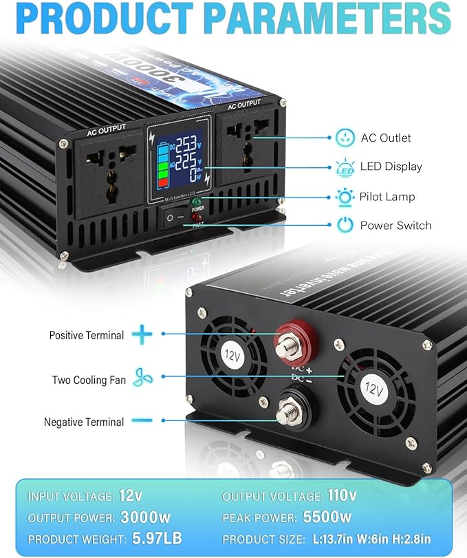 NIHAO 3000W Power Inverters DC 12V to 110V AC Converter with LCD Display, 2 International Socket and Battery Clips for Home, RV, Outdoor, Camping, Boat