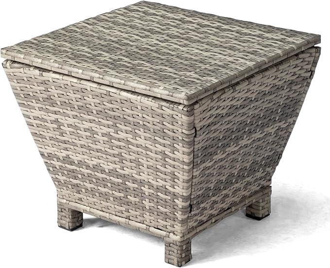 VINGLI 13 Gallon Outdoor Deck Box, Wicker Outdoor Storage Box with Lid, Small Storage Bin Container for Outside and Patio, Patio Rattan Side Table for Yard Porch (Grey, Trapezoidal)