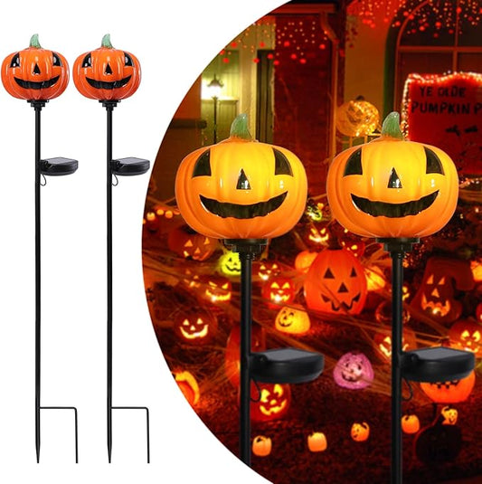 Afirst Halloween Pumpkin Pathway Solar Lights Handblown Glass Halloween Jack O Lantern Halloween Yard Display Solar LED Outdoor Décor Front Porch Decor 2 Pack, Orange