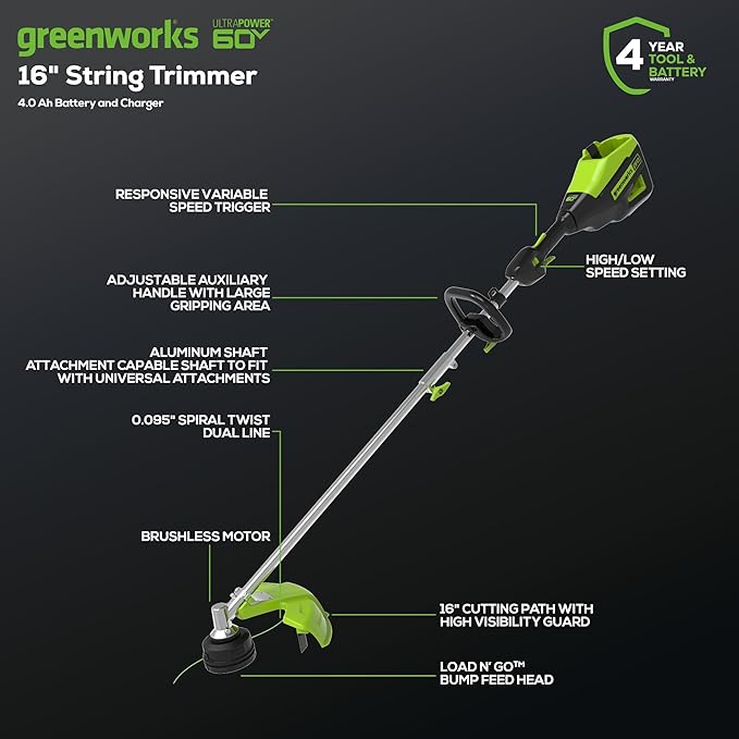 Greenworks 60V 16" Brushless Cordless String Trimmer, Attachment Capable, 4.0 Ah Battery & Charger