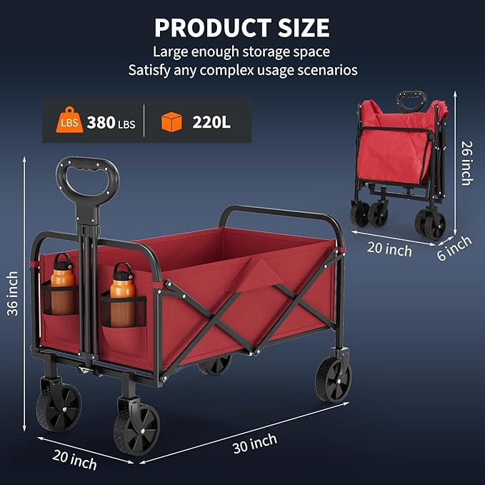 Collapsible Wagon Cart 380Lbs Capacity, Foldable Utility Portable Beach Wagon with All-Terrain Wheels, Adjustable Handle & Drink Holders, Carts with Wheels for Grocery, Camping, Shopping, Garden Cart