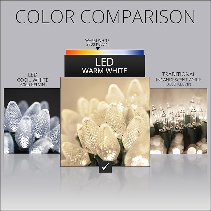 Wintergreen Lighting 25 C7 Warm White LED Christmas Lights – 17 ft Indoor Outdoor String Lights for Trees, Rooflines, and Events