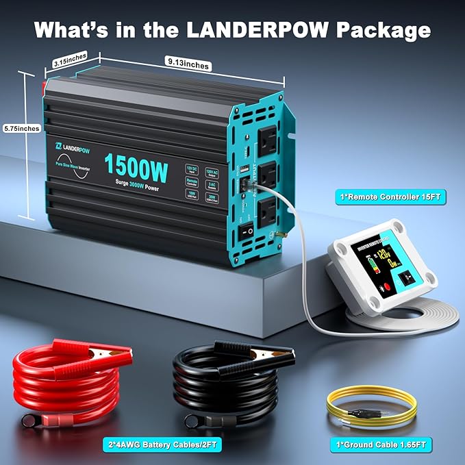 1500 Watt Pure Sine Wave Inverter, 12V DC to 120V AC Inverters for Car, RV, Truck, Home, Camping, Solar Power Inverter with 3 AC Outlet, 30W USB-C, 5V 3.1A USB, Remote Control, Surge 3000W