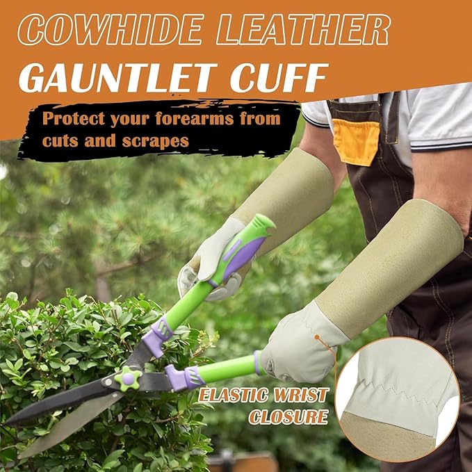 Rose Pruning Gloves for Men & Women, Long Thorn Proof Gardening Gloves, Breathable Pigskin Leather Gauntlet, Best Garden Gifts & Tools for Gardener(Beige White, M)