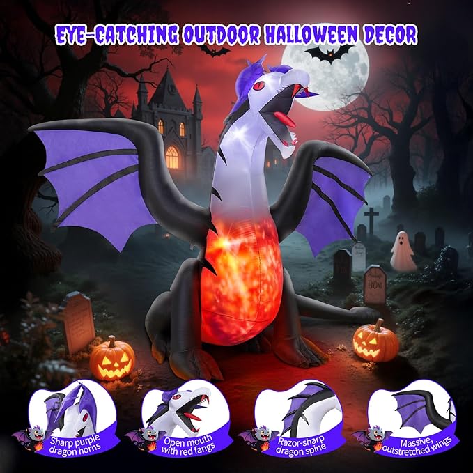 8FT Inflatable Pteranodon Dragon Decoration with LED Lights, Open Mouth & Sharp Teeth – Giant Blow Up Halloween Inflatables for Yard, Lawn, Garden, Holiday Fun Decor, Gifts for Kids & Adults