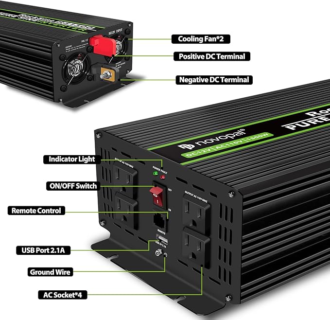 Novopal 1500W Pure Sine Wave Inverter, 12V DC to 110V/120V AC Car Power Converter, DC-AC Power Inverter with 4 Outlets, High-Power Interface，16ft Remote Control, LCD Display