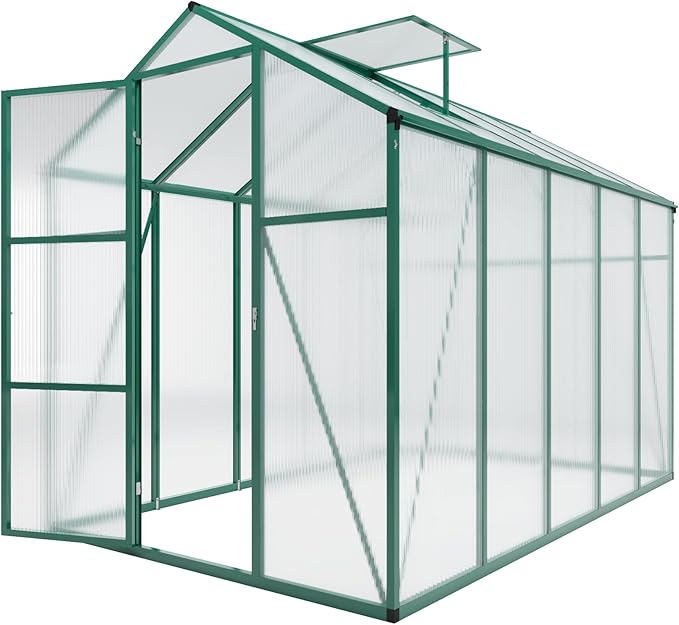 72*120in Greenhouse for Outdoors, Polycarbonate Greenhouse with Stronger Wind Protection and Roof Vent, Walk-in Large Aluminum Sunroom Winter Proof, Green