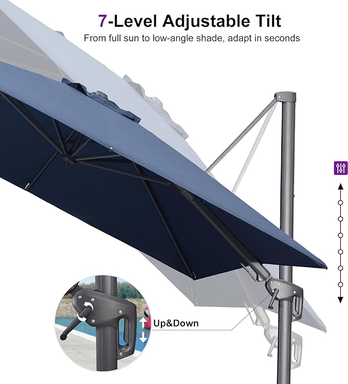 PURPLE LEAF 10' X 10' Swivel Outdoor Patio Aluminum Umbrella with Base Left-right Tilting Cantilever Offset Umbrella with UV Resistant Heavy Duty Fabric for Deck Pool Patio Backyard, Ocean Slate