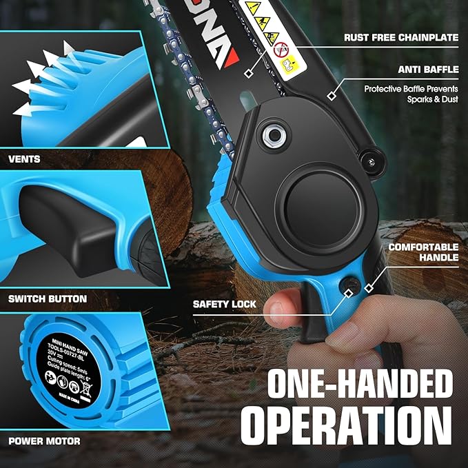 DNA MOTORING Mini Chainsaw, 6 Inch Electric Chainsaw Cordless Handheld Chainsaw with 2 20V 2000mAh Batteries, Small Chainsaw Electric Saw for Tree Trimming, Wood Cutting, Blue, TOOLS-00727-BL