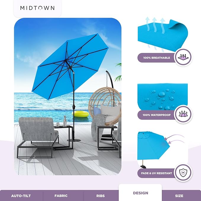 Midtown Umbrellas 10-Year-No-Fade - 9 Ft - UV Proof Cobalt Blue Polyester Fabric - Umbrella Outdoor Patio, Auto-Tilt Aluminum Frame Patio Umbrella for Garden, Pool & Deck - Black Pole