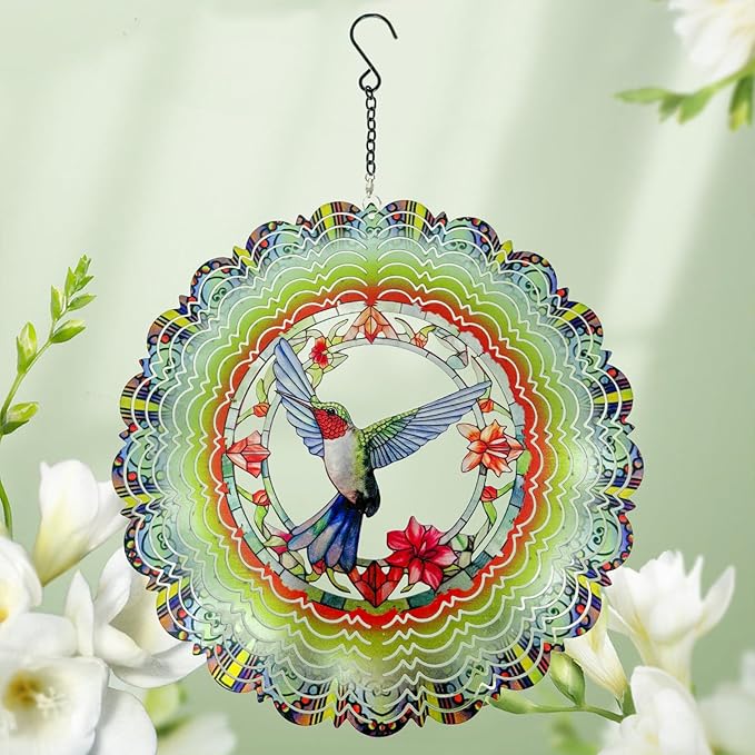 Wind Spinners Outdoor Hummingbird Decorations - Birthday Gifts for Women Mom Grandma, Hanging 12 inch 3D Sculptures for Garden Decor for Outside, Patio, Yard