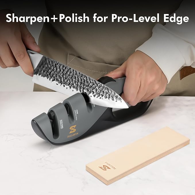 2-in-1 Knife Sharpener Kit with 5 Adjustable Angles Sharpener & Leather Strop – Complete Sharpening System for Kitchen, Pocket, Serrated Knives, Scissors (Sharpen + Polish to Pro Edge)