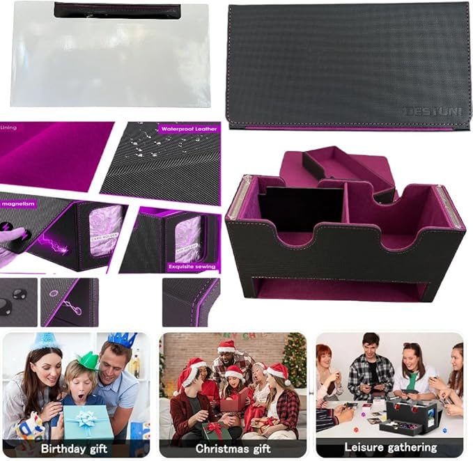 Card Deck Box for mtg – Fits 100+ Double-Sleeved Cards, Dual Commander Display with Dice Tray, PU Leather Organizer for TCG, CCG, Sports Cards (Black&Purple)