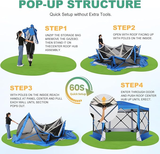 COBIZI 12x12 pop up Gazebo on Clearance Screen Tent for Camping, Scalable Design Outdoor Canopy Tent with Extension Support Poles & sidewalls,with Portable Carrying Bag and Ground Stakes, Blue