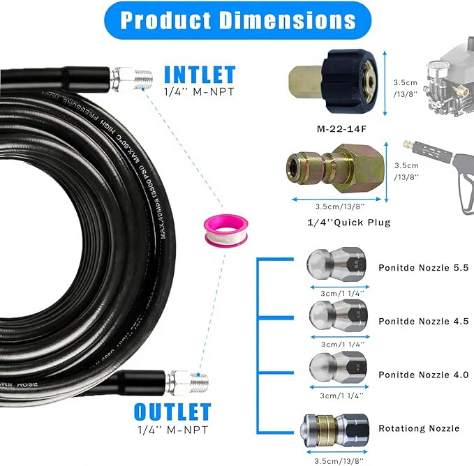 Sewer Jetter Kit for Pressure Washer 100FT, 5800PSI Water Jet Drain Cleaner Hose with 4 Sewer Jetting Nozzles, 1/4 Inch NPT Corner, Waterproof Tape and Handle Strap