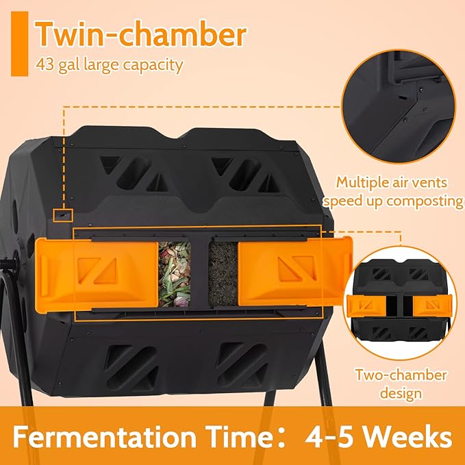 Composting Bins 43 Gallon Outdoor Tumbling Compost Bin Compost Tumbler Bucket Trash Can w/Dual Chamber Sliding Doors for Garden Patio,Orange Door